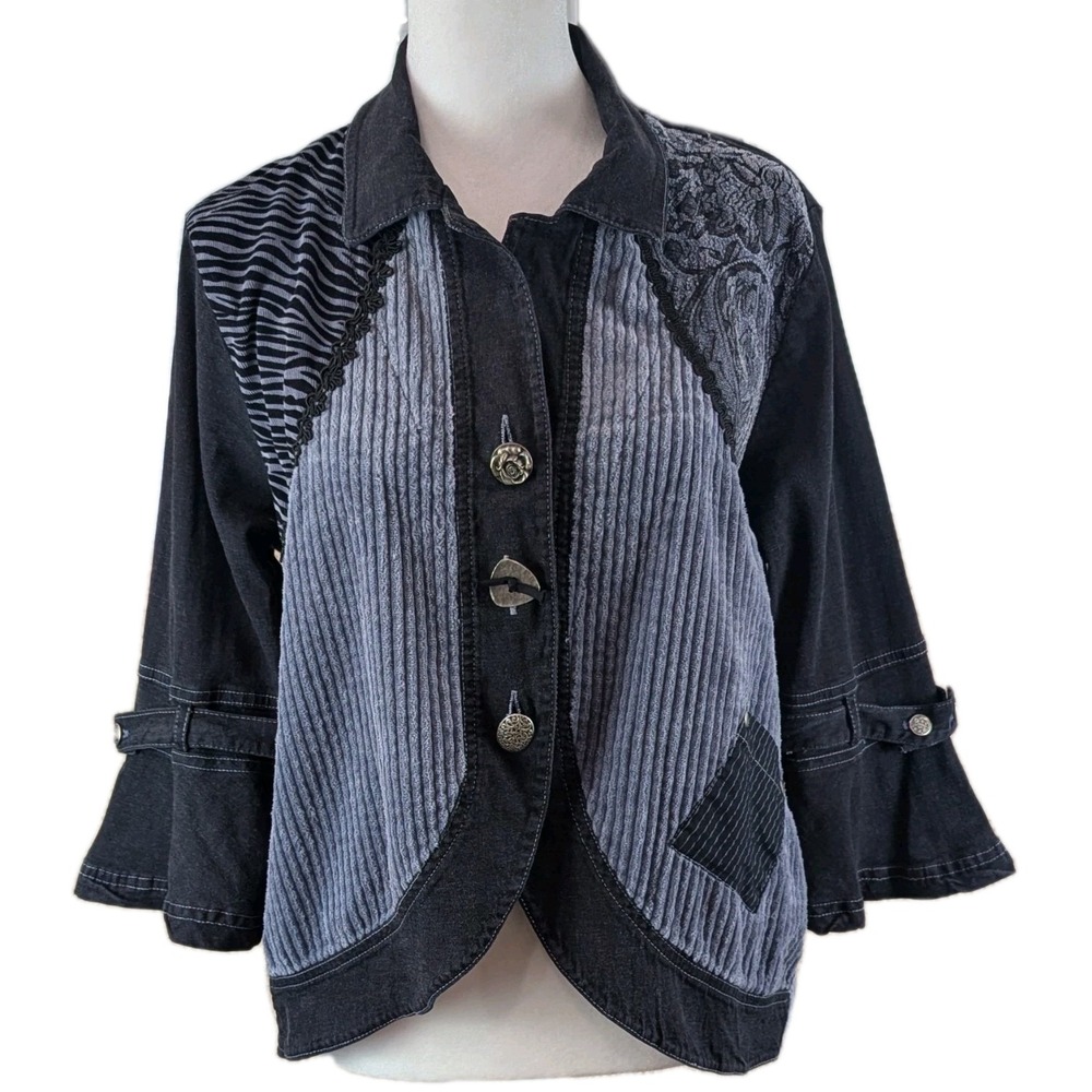 Vtg Nannette Keller Mixed Media Jacket Flare Cuff Cropped Art-To-Wear Boho‎ Y2K